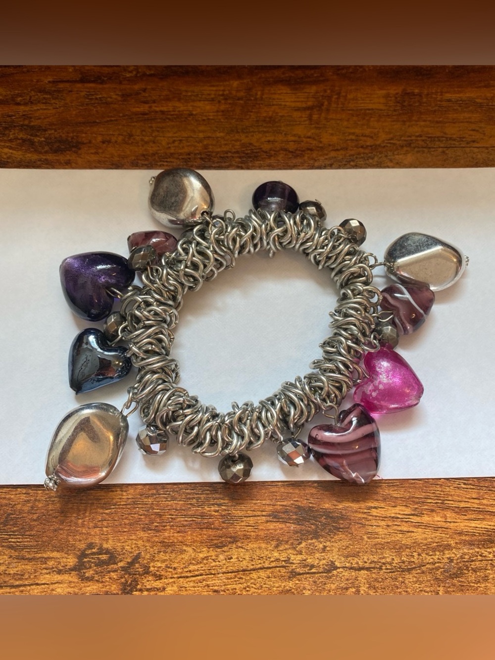 Silver Chain Mail Pink & Purple Heart Charm Bracelet
